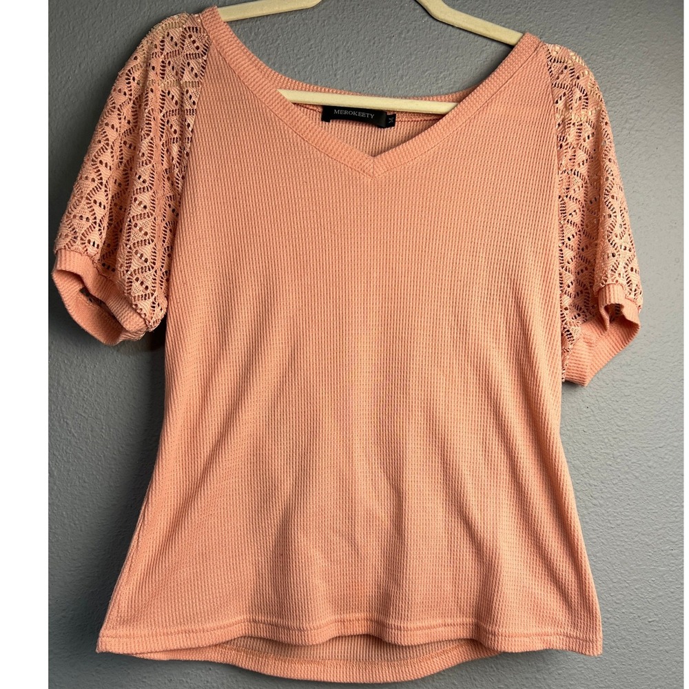 Merokeety Womens Waffle Knit Top Peach Crochet Lace Short Sleeve V-Neck Medium
